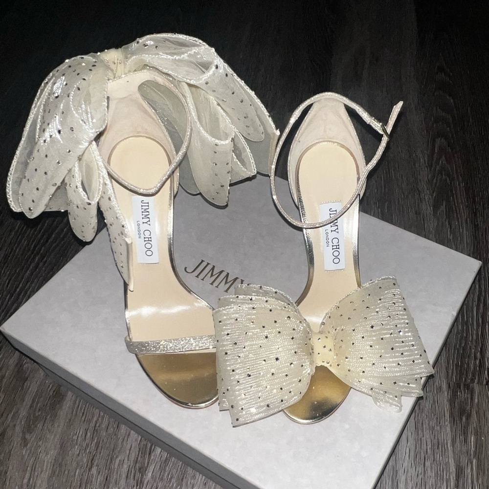 Jimmy Choo Aveline 100mm tulle bow sandals rhinestone.